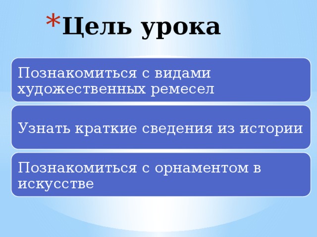 Цель урока Познакомиться с видами художественных ремесел Узнать краткие сведения из истории Познакомиться с орнаментом в искусстве 