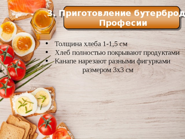 История 3. Приготовление бутербродов  Професии Еще в Средние века самые большие куски хлеба служили как бы тарелками, на которые люди клали мясо, рыбу и другую разную еду. Толщина хлеба 1-1,5 см Хлеб полностью покрывают продуктами Канапе нарезают разными фигурками     размером 3х3 см 