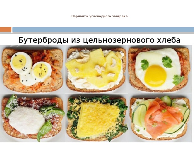 Варианты углеводного завтрака    Бутерброды из цельнозернового хлеба 