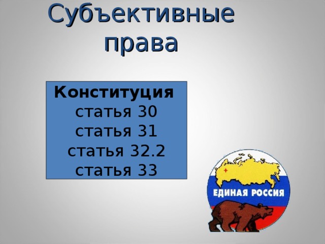 Субъективные права Конституция  статья 30 статья 31 статья 32.2 статья 33 