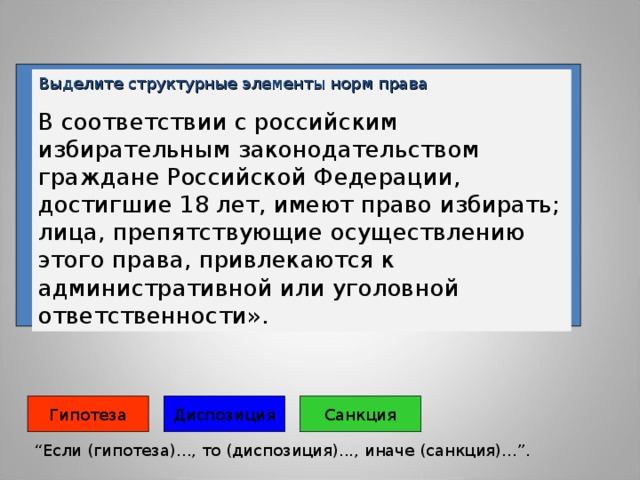 Выделите структурные элементы норм права  В соответствии с российским избирательным законодательством граждане Российской Федерации, достигшие 18 лет, имеют право избирать; лица, препятствующие осуществлению этого права, привлекаются к административной или уголовной ответственности». Гипотеза Санкция Диспозиция “ Если (гипотеза)..., то (диспозиция)..., иначе (санкция)...”. 