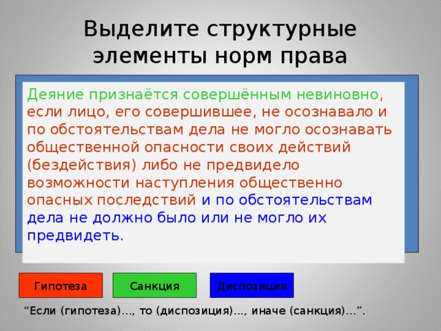 Выделите структурные элементы норм права Деяние признаётся совершённым невиновно , если лицо, его совершившее, не осознавало и по обстоятельствам дела не могло осознавать общественной опасности своих действий (бездействия) либо не предвидело возможности наступления общественно опасных последствий и по обстоятельствам дела не должно было или не могло их предвидеть.   Гипотеза Санкция Диспозиция “ Если (гипотеза)..., то (диспозиция)..., иначе (санкция)...”. 