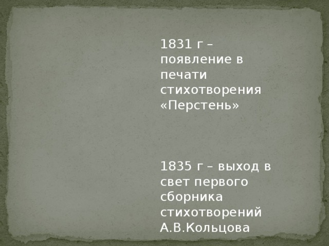 1831 г – появление в печати стихотворения «Перстень» 1835 г – выход в свет первого сборника стихотворений А.В.Кольцова 