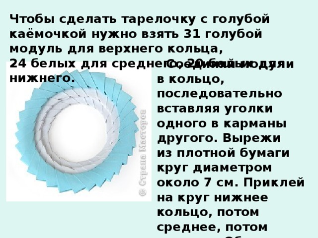 Чтобы сделать тарелочку с голубой каёмочкой нужно взять 31 голубой модуль для верхнего кольца, 24 белых для среднего, 20 белых для нижнего.  Соединяй модули в кольцо, последовательно вставляя уголки одного в карманы другого. Вырежи из плотной бумаги круг диаметром около 7 см. Приклей на круг нижнее кольцо, потом среднее, потом верхнее. Обычно, блюдечко с голубой каёмочкой служит символом исполнения ЛЮБЫХ желаний! 