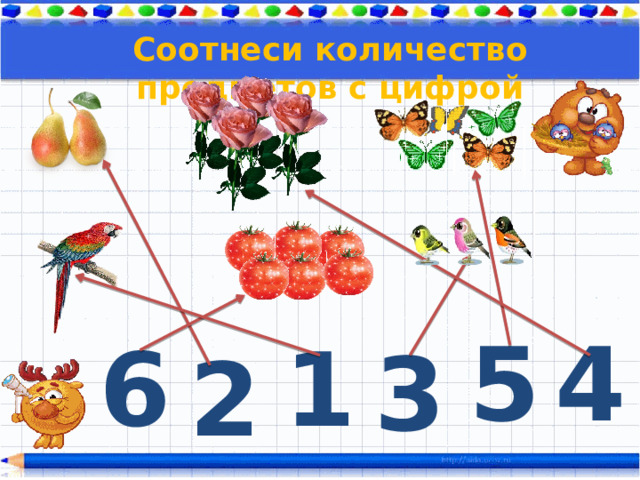 Соотнеси количество предметов с цифрой 5 4 1 6 3 2 