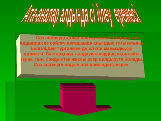  Сөз сөйлеуді қалай бастау керек? Шаршы топ алдында сөз сөйлеу алғашқыда қиындық туғызатыны белгілі.Дей тұрғанмен де ол өте маңызды,әрі құрметті. Бастапқыда тыңдаушылардың ақыл-ойы зерек, тың сондықтан жақсы әсер қалдыруға болады. Сөз сөйлеуге алдын ала дайындалу керек.  