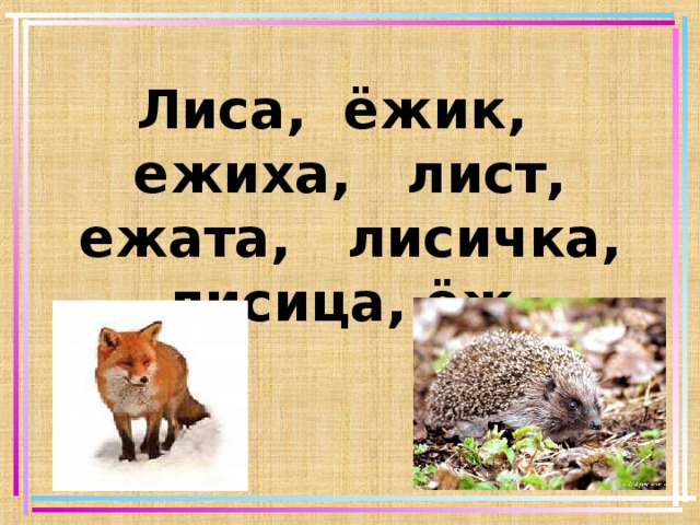 Лиса, ёжик, ежиха, лист, ежата, лисичка, лисица, ёж.     