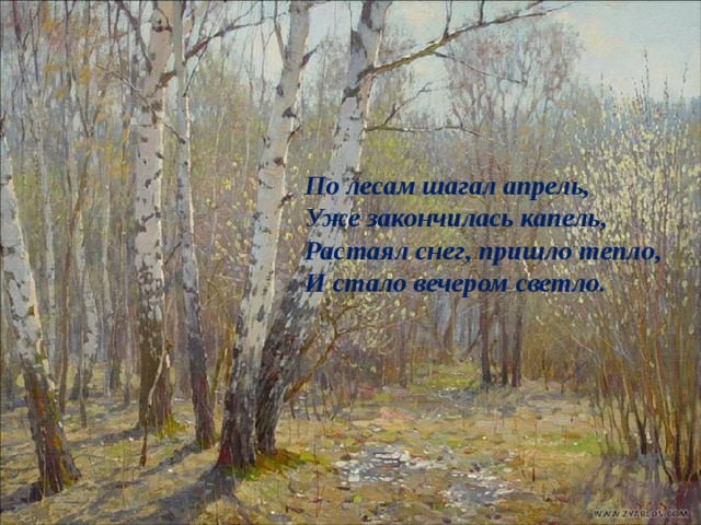 По лесам шагал апрель,  Уже закончилась капель,  Растаял снег, пришло тепло,  И стало вечером светло. 