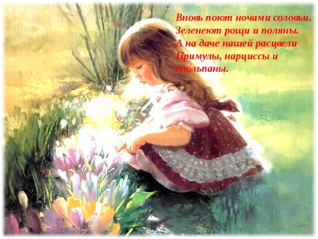Вновь поют ночами соловьи.  Зеленеют рощи и поляны.  А на даче нашей расцвели  Примулы, нарциссы и тюльпаны. 