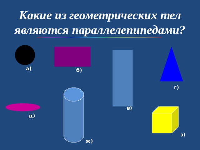 Какие из геометрических тел являются параллелепипедами? а) б) г) в) д) з) ж) 