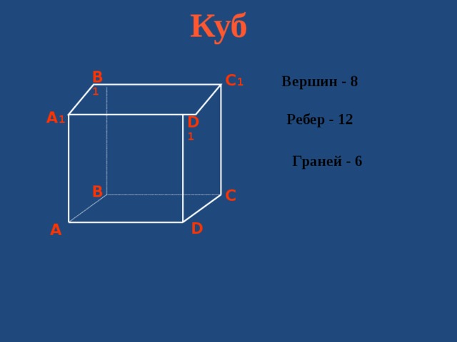 Куб B 1 C 1 Вершин - 8 A 1 Ребер - 12 D 1  Граней - 6 B C D A 