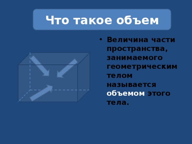 Что такое объем Величина части пространства, занимаемого геометрическим телом называется объемом этого тела. 