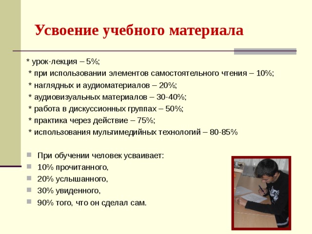 Усвоение учебного материала * урок-лекция – 5%;  * при использовании элементов самостоятельного чтения – 10%;  * наглядных и аудиоматериалов – 20%;  * аудиовизуальных материалов – 30-40%;  * работа в дискуссионных группах – 50%;  * практика через действие – 75%;  * использования мультимедийных технологий – 80-85% При обучении человек усваивает: 10% прочитанного, 20% услышанного, 30% увиденного, 90% того, что он сделал сам.   
