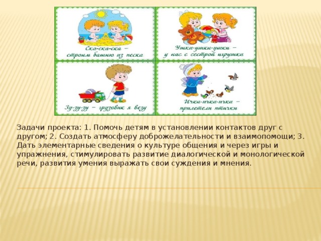 Задачи проекта: 1. Помочь детям в установлении контактов друг с другом; 2. Создать атмосферу доброжелательности и взаимопомощи; 3. Дать элементарные сведения о культуре общения и через игры и упражнения, стимулировать развитие диалогической и монологической речи, развития умения выражать свои суждения и мнения. 