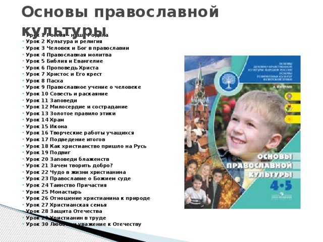 Основы православной культуры Урок 1 Россия - наша Родина Урок 2 Культура и религия Урок 3 Человек и Бог в православии  Урок 4 Православная молитва  Урок 5 Библия и Евангелие Урок 6 Проповедь Христа Урок 7 Христос и Его крест  Урок 8 Пасха  Урок 9 Православное учение о человеке Урок 10 Совесть и раскаяние Урок 11 Заповеди  Урок 12 Милосердие и сострадание Урок 13 Золотое правило этики Урок 14 Храм Урок 15 Икона Урок 16 Творческие работы учащихся  Урок 17 Подведение итогов  Урок 18 Как христианство пришло на Русь  Урок 19 Подвиг  Урок 20 Заповеди блаженств Урок 21 Зачем творить добро?  Урок 22 Чудо в жизни христианина  Урок 23 Православие о Божием суде  Урок 24 Таинство Причастия  Урок 25 Монастырь  Урок 26 Отношение христианина к природе  Урок 27 Христианская семья Урок 28 Защита Отечества  Урок 29 Христианин в труде  Урок 30 Любовь и уважение к Отечеству 