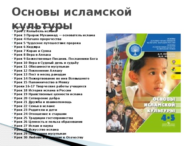 Основы исламской культуры Урок 1 Россия — наша Родина Урок 2 Колыбель ислама Урок 3 Пророк Мухаммад — основатель ислама Урок 4 Начало пророчества Урок 5 Чудесное путешествие пророка Урок 6 Хиджра Урок 7 Коран и Сунна Урок 8 Вера в Аллаха Урок 9 Божественные Писания. Посланники Бога Урок 10 Вера в Судный день и судьбу Урок 11 Обязанности мусульман Урок 12 Поклонение Аллаху Урок 13 Пост в месяц рамадан Урок 14 Пожертвование во имя Всевышнего Урок 15 Паломничество в Мекку Уроки 16-17 Творческие работы учащихся Урок 18 История ислама в России Урок 19 Нравственные ценности ислама Урок 20 Сотворение добра Урок 21 Дружба и взаимопомощь Урок 22 Семья в исламе Урок 23 Родители и дети Урок 24 Отношение к старшим Урок 25 Традиции гостеприимства Урок 26 Ценность и польза образования Урок 27 Ислам и наука Урок 28 Искусство ислама Урок 29 Праздники мусульман Урок 30 Любовь и уважение к Отечеству 
