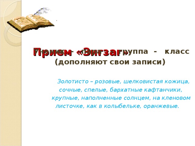    Прием «Зигзаг»   Ученик - пара - группа - класс (дополняют свои записи)   Золотисто – розовые, шелковистая кожица,  сочные, спелые, бархатные кафтанчики,  крупные, наполненные солнцем, на кленовом  листочке, как в колыбельке, оранжевые. 