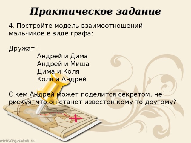 Практическое задание 4. Постройте модель взаимоотношений мальчиков в виде графа: Дружат :  Андрей и Дима  Андрей и Миша  Дима и Коля  Коля и Андрей С кем Андрей может поделится секретом, не рискуя, что он станет известен кому-то другому? 