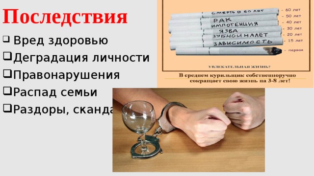 Последствия  Вред здоровью Деградация личности Правонарушения Распад семьи Раздоры, скандалы 