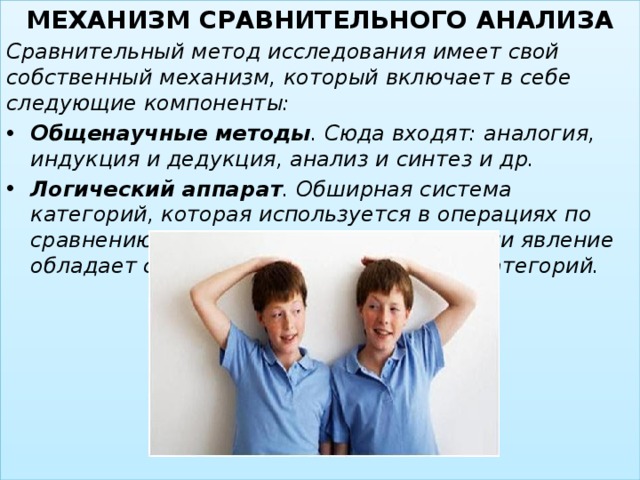 МЕХАНИЗМ СРАВНИТЕЛЬНОГО АНАЛИЗА Сравнительный метод исследования имеет свой собственный механизм, который включает в себе следующие компоненты: Общенаучные методы . Сюда входят: аналогия, индукция и дедукция, анализ и синтез и др. Логический аппарат . Обширная система категорий, которая используется в операциях по сравнению и анализу. Каждый объект или явление обладает своей собственной системой категорий.  