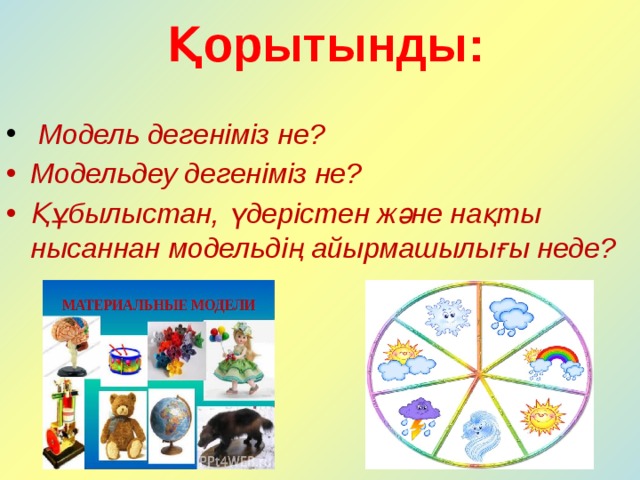 Қорытынды:  Модель дегеніміз не? Модельдеу дегеніміз не? Құбылыстан, үдерістен және нақты нысаннан модельдің айырмашылығы неде? 
