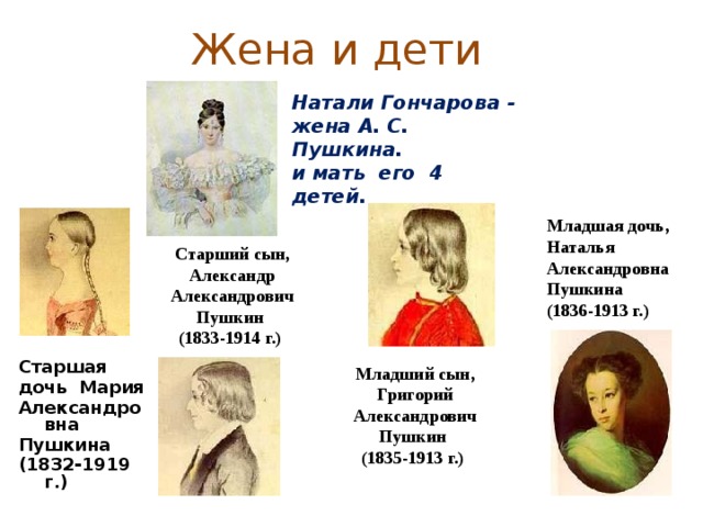 Жена и дети Натали Гончарова - жена А. С. Пушкина. и мать его 4 детей. Младшая дочь, Наталья Александровна Пушкина  (1836-1913 г.)  Старший сын, Александр Александрович Пушкин  (1833-1914 г.)  Старшая дочь Мария Александровна Пушкина (1832-1919 г.)  Младший сын, Григорий Александрович Пушкин  (1835-1913 г.)  