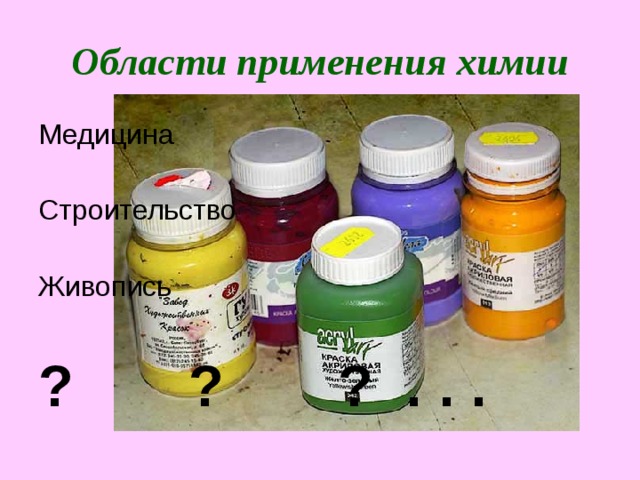 Области применения химии Медицина Строительство Живопись ? ? ? . . . 