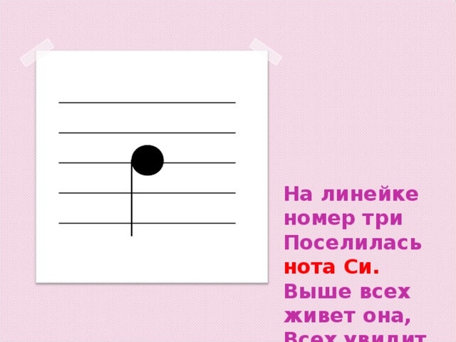 На линейке номер три  Поселилась нота Си.  Выше всех живет она,  Всех увидит свысока.   