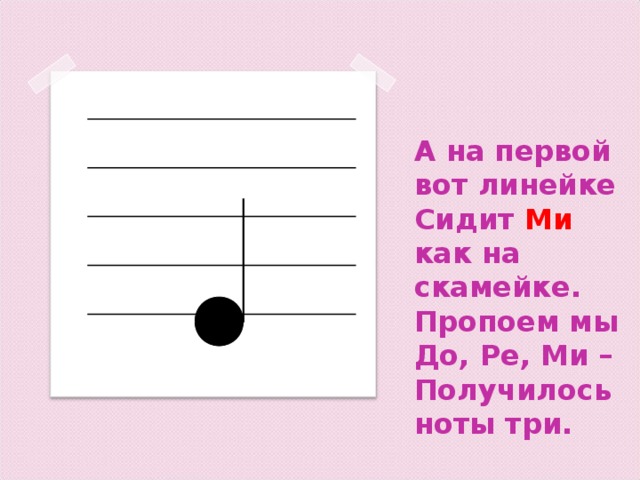 А на первой вот линейке  Сидит Ми как на скамейке.  Пропоем мы До, Ре, Ми –  Получилось ноты три.   