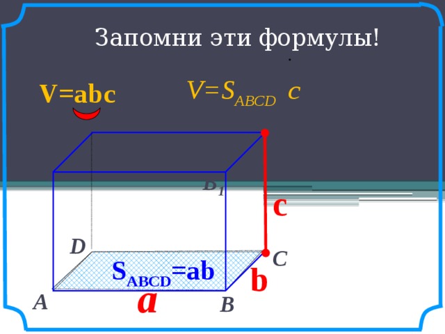 Запомни эти формулы! V=S ABCD c V=abc D 1  С 1  А 1  В 1  c  D  С  S ABCD =ab b   a  А  В  