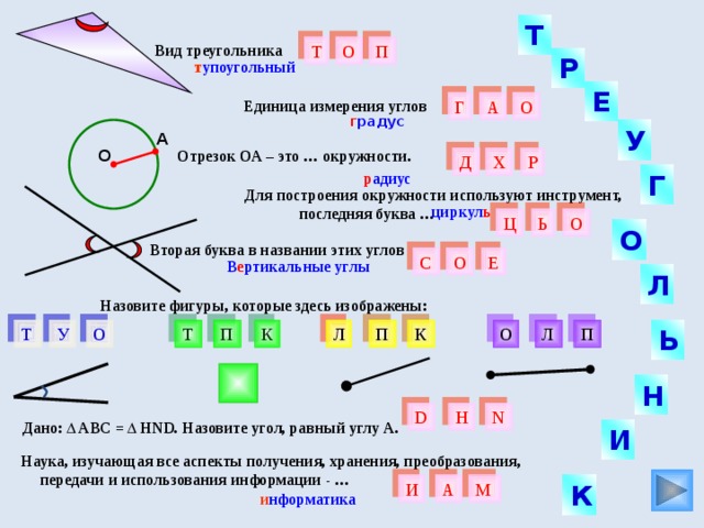 Т П О Вид треугольника Т Р т упоугольный Е Единица измерения углов О А Г г радус У А О Отрезок ОА – это … окружности. Х Р Д Г р адиус  Для построения окружности используют инструмент,  последняя буква … циркул ь Ц О Ь О Вторая буква в названии этих углов Е О С В е ртикальные углы Л Назовите фигуры, которые здесь изображены: У Ь П К Т П Т П К О О Л Л Н D Н N Дано: АВС = НND. Назовите угол, равный углу А. И Наука, изучающая все аспекты получения, хранения, преобразования,  передачи и использования информации - … А И М К и нформатика 