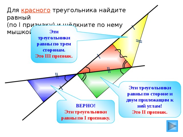 Для красного треугольника найдите равный (по I признаку) и щёлкните по нему мышкой. Эти треугольники равны по трем сторонам. Это III признак.  Гусев В.А., Медяник А.И. «Дидактические материалы по геометрии для 7 класса» Эти треугольники равны по стороне и двум прилежащим к ней углам! Это II признак. ВЕРНО! Эти треугольники равны по I признаку. 
