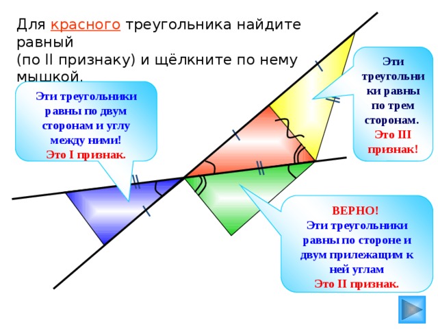 Для красного треугольника найдите равный (по II признаку) и щёлкните по нему мышкой. Эти треугольники равны по трем сторонам. Это III признак! Эти треугольники равны по двум сторонам и углу между ними! Это I признак. ВЕРНО!  Эти треугольники равны по стороне и двум прилежащим к ней углам Это II признак. 