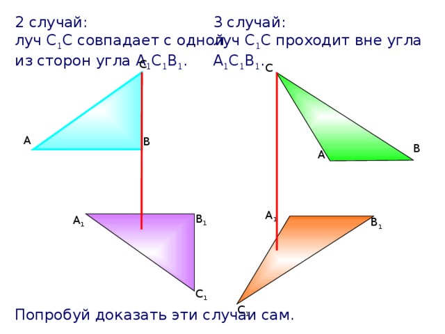 2 случай: 3 случай: луч С 1 С проходит вне угла А 1 С 1 В 1 . луч С 1 С совпадает с одной из сторон угла А 1 С 1 В 1 . С С А В В А А 1 В 1 А 1 В 1 С 1 С 1 Попробуй доказать эти случаи сам. 