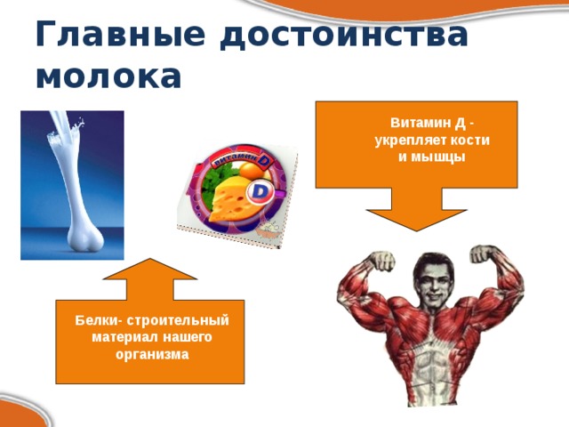 Главные достоинства молока Витамин Д - укрепляет кости и мышцы  Белки- строительный материал нашего организма 
