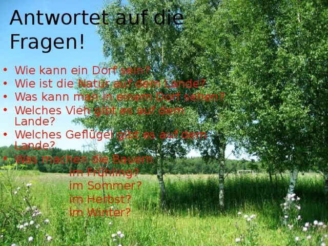 Antwortet auf die Fragen! Wie kann ein Dorf sein? Wie ist die Natur auf dem Lande? Was kann man in einem Dorf sehen? Welches Vieh gibt es auf dem Lande? Welches Geflügel gibt es auf dem Lande? Was machen die Bauern  im Frühling?  im Sommer?  im Herbst?  im Winter? 