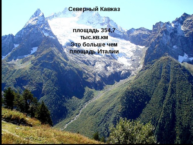 Северный Кавказ   площадь 354,7 тыс.кв.км Это больше чем площадь Италии 