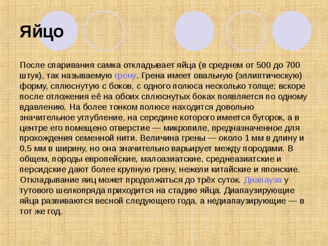 Яйцо После спаривания самка откладывает яйца (в среднем от 500 до 700 штук), так называемую  грену . Грена имеет овальную (эллиптическую) форму, сплюснутую с боков, с одного полюса несколько толще; вскоре после отложения её на обоих сплюснутых боках появляется по одному вдавлению. На более тонком полюсе находится довольно значительное углубление, на середине которого имеется бугорок, а в центре его помещено отверстие — микропиле, предназначенное для прохождения семенной нити. Величина грены — около 1 мм в длину и 0,5 мм в ширину, но она значительно варьирует между породами. В общем, породы европейские, малоазиатские, среднеазиатские и персидские дают более крупную грену, нежели китайские и японские. Откладывание яиц может продолжаться до трёх суток.  Диапауза  у тутового шелкопряда приходится на стадию яйца. Диапаузирующие яйца развиваются весной следующего года, а недиапаузирующие — в тот же год. 