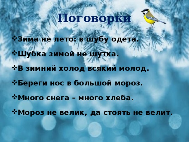 Поговорки Зима не лето: в шубу одета. Шубка зимой не шутка. В зимний холод всякий молод. Береги нос в большой мороз. Много снега – много хлеба. Мороз не велик, да стоять не велит. 