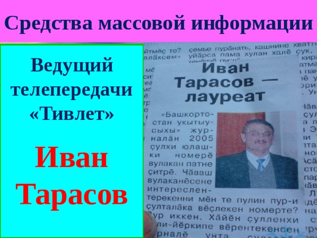 Средства массовой информации Ведущий телепередачи «Тивлет» Иван Тарасов 