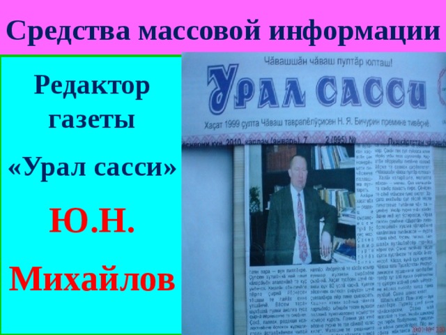 Средства массовой информации Редактор газеты «Урал сасси» Ю.Н. Михайлов 