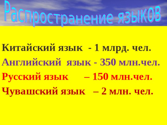  Китайский язык - 1 млрд. чел. Английский язык - 350 млн.чел. Русский язык – 150 млн.чел. Чувашский язык – 2 млн. чел. 