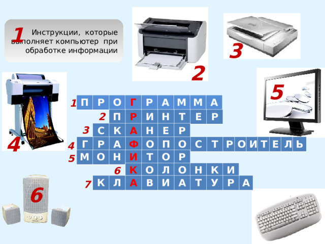 Инструкции, которые выполняет компьютер при обработке информации 1  3  2  5 П Р О Г Р А М М А 1 2 П Р И Н Т Е Р 3 С К А Н Е Р  4 Г Р А Ф О П О С Т Р О И Т Е Л Ь 4 М О Н И Т О Р 5 6 К О Л О Н К И К Л А В И А Т У Р А 7  6  7   