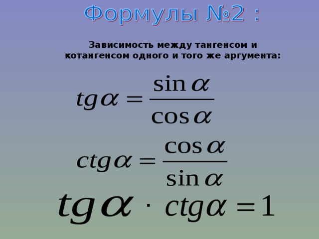 Зависимость между тангенсом и котангенсом одного и того же аргумента: ∙
