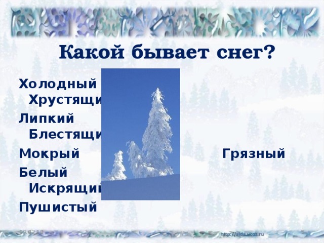 Какой бывает снег? Холодный Хрустящий Липкий Блестящий Мокрый Грязный Белый Искрящийся Пушистый  09.02.18  