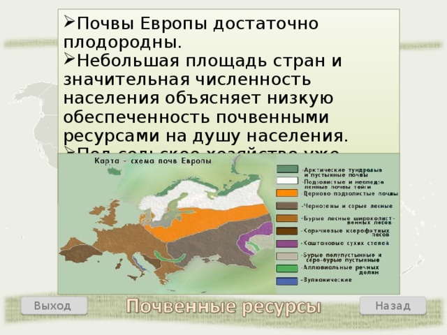 Почвы Европы достаточно плодородны. Небольшая площадь стран и значительная численность населения объясняет низкую обеспеченность почвенными ресурсами на душу населения. Под сельское хозяйство уже использованы почти все доступные площади. Назад Выход  