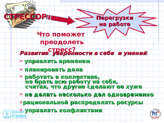 Перегрузки на работе СТРЕССОР    Что поможет преодолеть стресс? Развитие уверенности в себе и умений :  управлять временем  планировать дела  работать в коллективе,  не брать всю работу на себя,  считая, что другие сделают ее хуже  не делать несколько дел одновременно рациональной распределять ресурсы  управлять конфликтами 