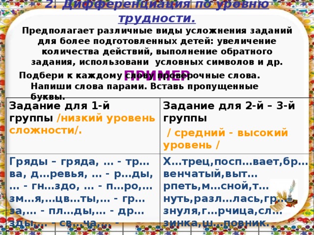    2. Дифференциация по уровню трудности.  Предполагает различные виды усложнения заданий для более подготовленных детей: увеличение количества действий, выполнение обратного задания, использовани условных символов и др.  ПРИМЕР    Подбери к каждому слову проверочные слова. Напиши слова парами. Вставь пропущенные буквы. Задание для 1-й группы /низкий уровень сложности/. Задание для 2-й – 3-й группы  / средний - высокий уровень / Гряды – гряда, … - тр…ва, д…ревья, … - р…ды, … - гн…здо, … - п…ро,…зм…я,…цв…ты,… - гр…за,… - пл…ды,… - др…зды,… - св…ча,… -  Х…трец,посп…вает,бр…венчатый,выт…рпеть,м…сной,т…нуть,разл…лась,гр…знуля,г…рчица,сл…зинка,ш…повник.  