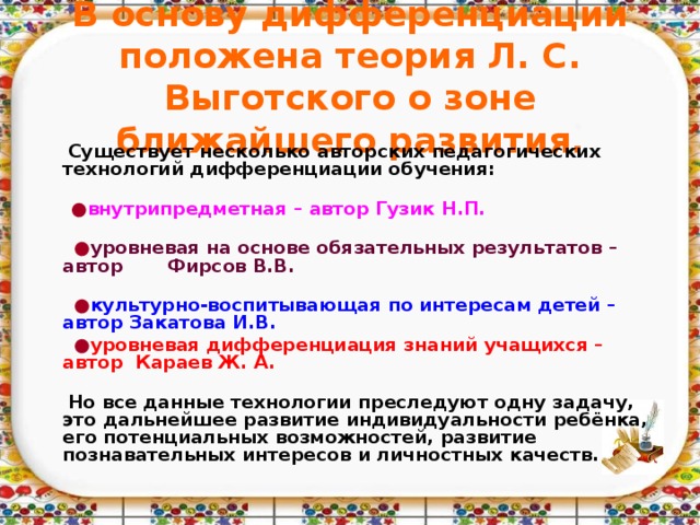 В основу дифференциации положена теория Л. С. Выготского о зоне ближайшего развития.  Существует несколько авторских педагогических технологий дифференциации обучения:   ● внутрипредметная – автор Гузик Н.П.   ● уровневая на основе обязательных результатов – автор Фирсов В.В.   ● культурно-воспитывающая по интересам детей – автор Закатова И.В.  ● уровневая дифференциация знаний учащихся – автор Караев Ж. А.   Но все данные технологии преследуют одну задачу, это дальнейшее развитие индивидуальности ребёнка, его потенциальных возможностей, развитие познавательных интересов и личностных качеств.  