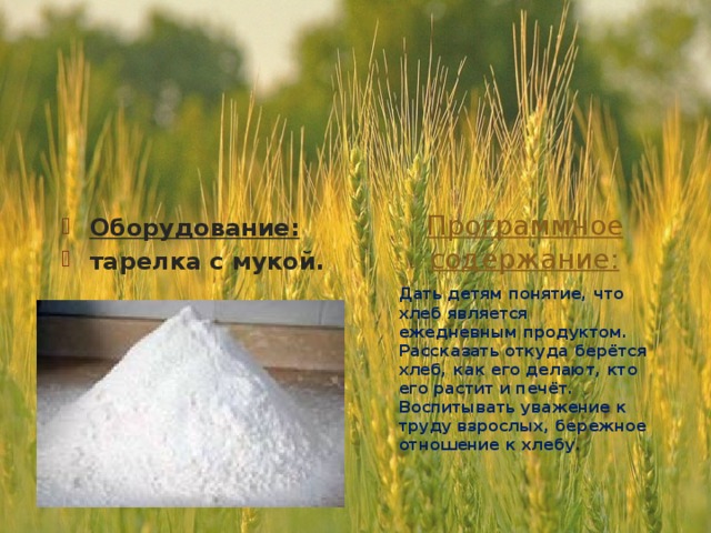 Оборудование: тарелка с мукой.  Программное содержание: Дать детям понятие, что хлеб является ежедневным продуктом. Рассказать откуда берётся хлеб, как его делают, кто его растит и печёт. Воспитывать уважение к труду взрослых, бережное отношение к хлебу .  